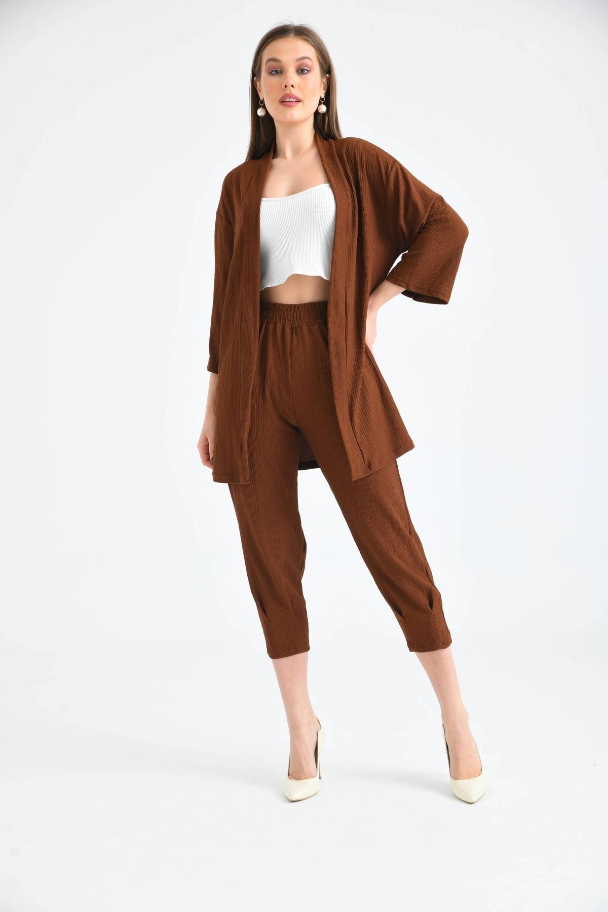 Kadın Kapamasız Kimono Takım Kahverengi - 38