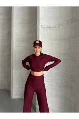 Kadın Parmak Geçmeli Crop Takım Bordo - XL