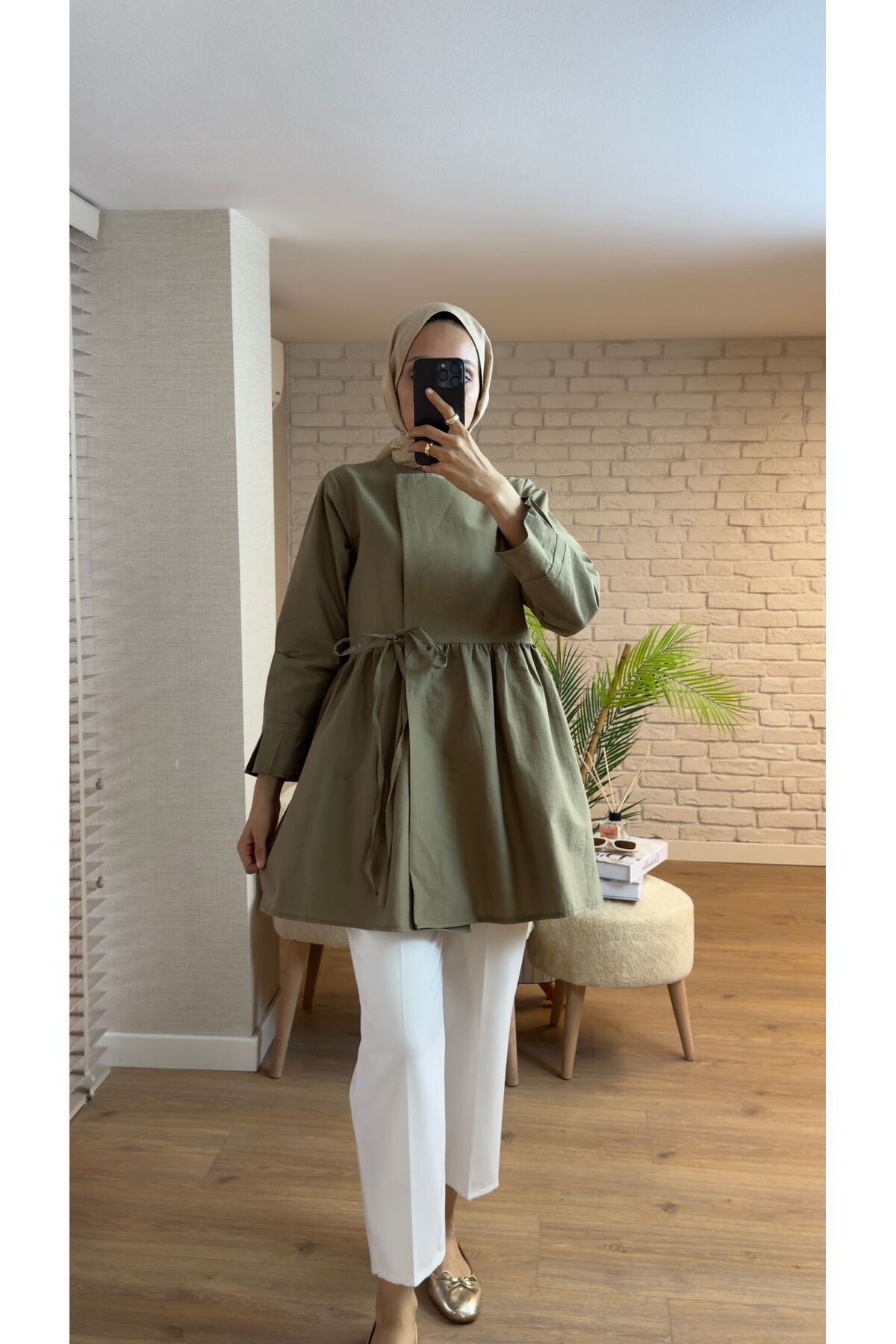 Kadın Tesettür Kuşaklı Tunik Haki - S