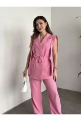 Kadın İp Bağlamalı Yelekli Takım Pembe - L