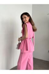 Kadın İp Bağlamalı Yelekli Takım Pembe - L