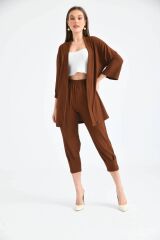 Kadın Kapamasız Kimono Takım Kahverengi - S