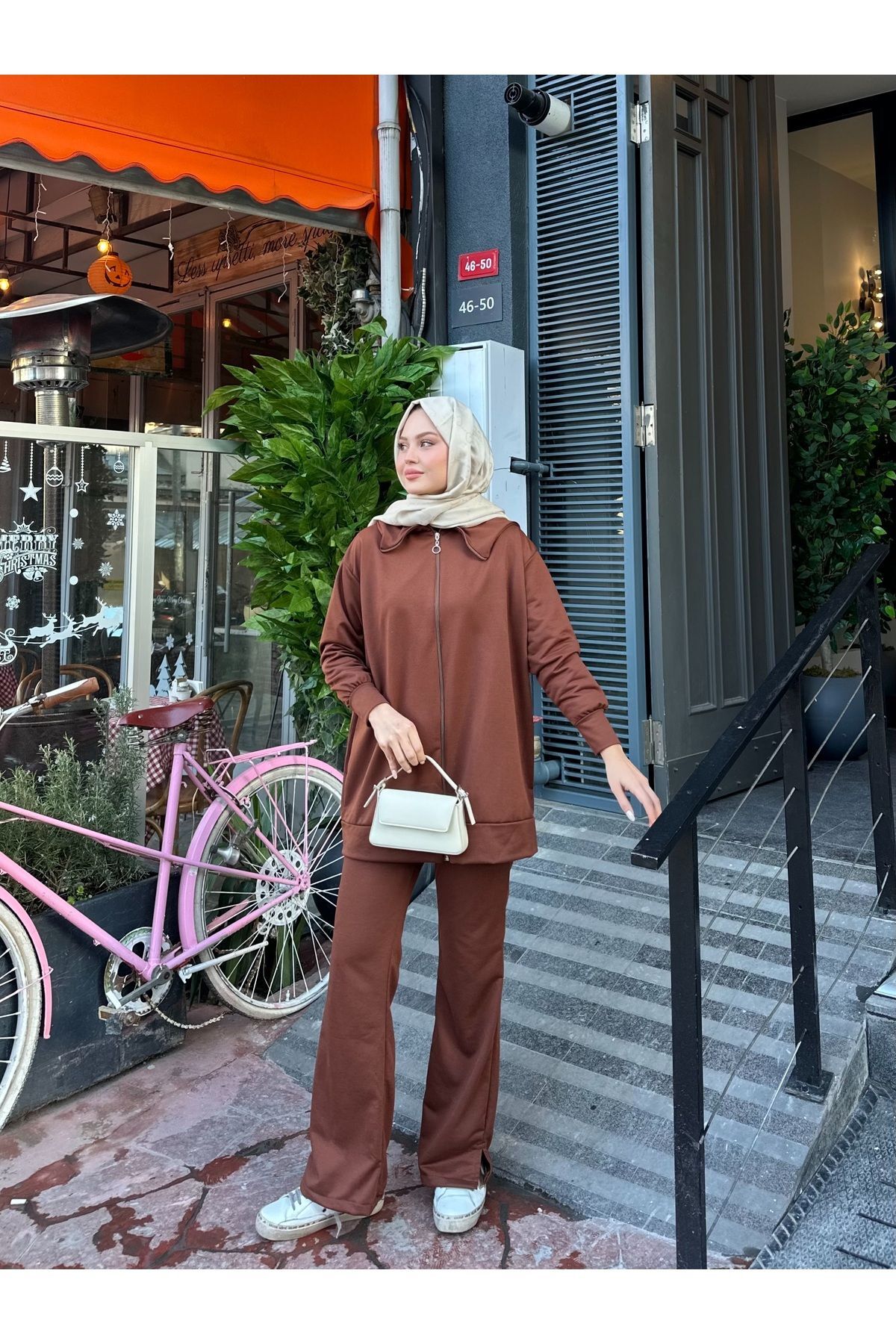 Kadın Geniş Paça Yırtmaçlı Fermuarlı Takım Kahverengi - XL