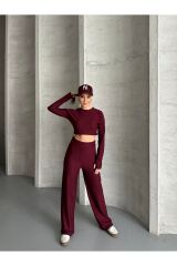 Kadın Parmak Geçmeli Crop Takım Bordo - M
