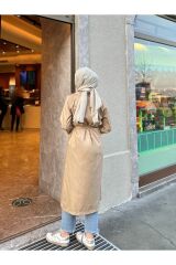 Kadın Şal Yaka Düğmeli Uzun Trençkot Bej - XL
