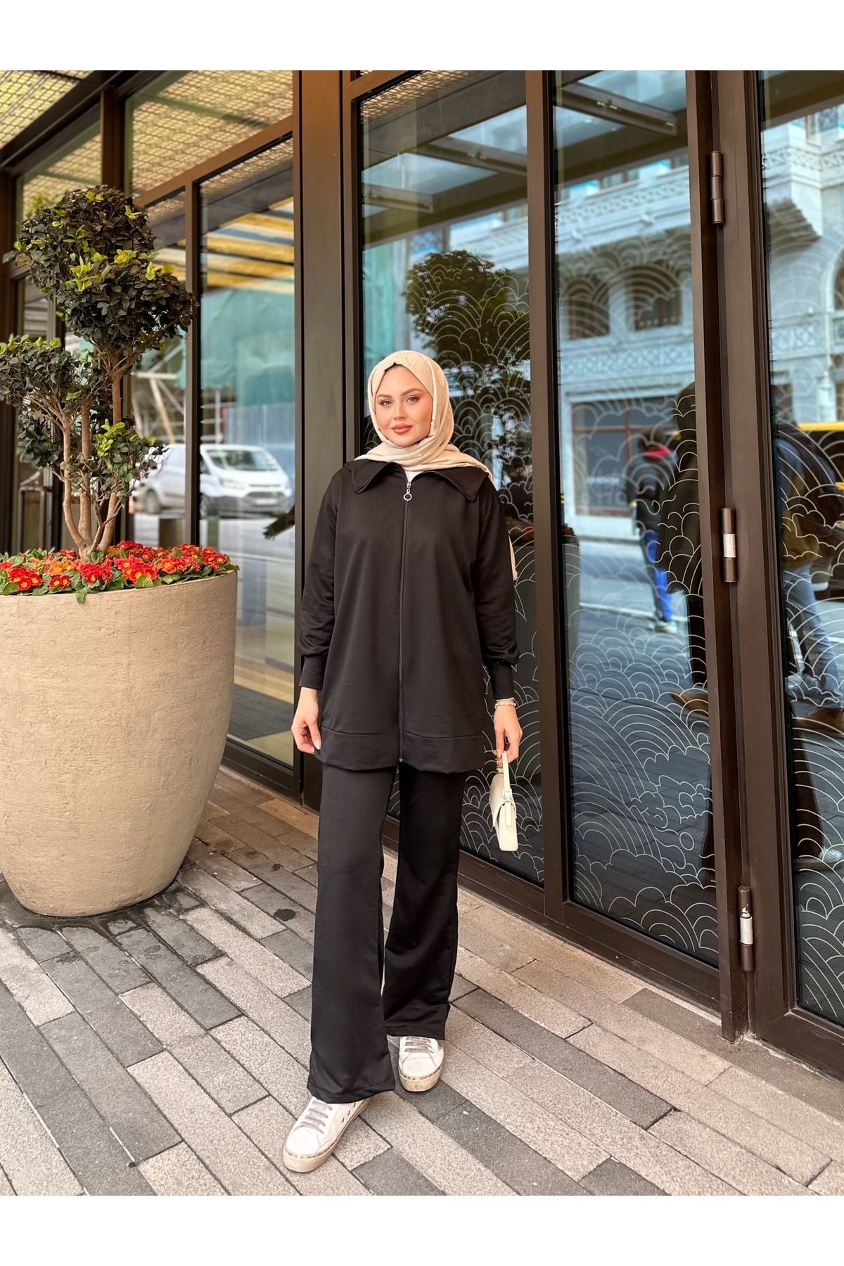 Kadın Geniş Paça Yırtmaçlı Fermuarlı Takım Siyah - 2XL