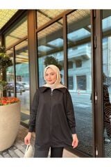 Kadın Geniş Paça Yırtmaçlı Fermuarlı Takım Siyah - M