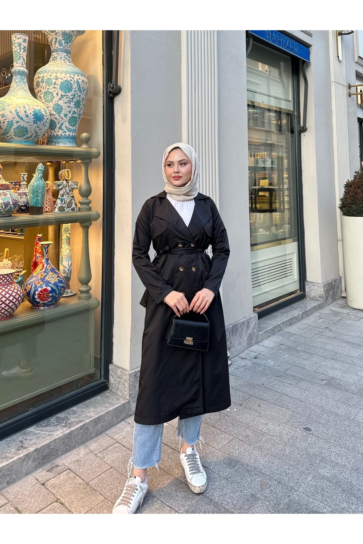 Kadın Şal Yaka Düğmeli Uzun Trençkot Siyah - XL
