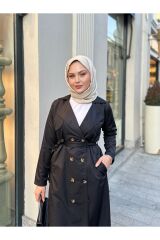 Kadın Şal Yaka Düğmeli Uzun Trençkot Siyah - XL