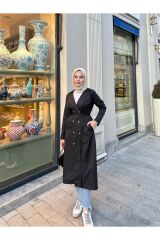 Kadın Şal Yaka Düğmeli Uzun Trençkot Siyah - XL