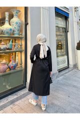 Kadın Şal Yaka Düğmeli Uzun Trençkot Siyah - XL