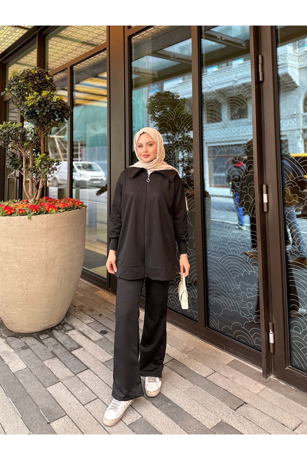 Kadın Geniş Paça Yırtmaçlı Fermuarlı Takım Siyah - XL