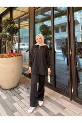 Kadın Geniş Paça Yırtmaçlı Fermuarlı Takım Siyah - XL
