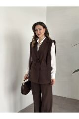 Kadın İp Bağlamalı Yelekli Takım Kahverengi - XL