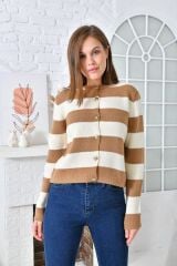 Kadın Kalın Çizgili Triko Hırka CAMEL - 36
