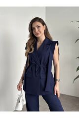 Kadın İp Bağlamalı Yelekli Takım Lacivert - M