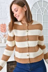 Kadın Kalın Çizgili Triko Hırka CAMEL - 38