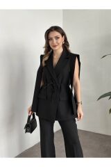 Kadın İp Bağlamalı Yelekli Takım Siyah - XL