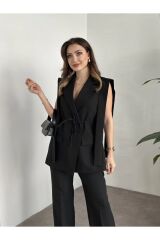 Kadın İp Bağlamalı Yelekli Takım Siyah - XL