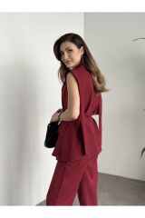 Kadın İp Bağlamalı Yelekli Takım Bordo - L