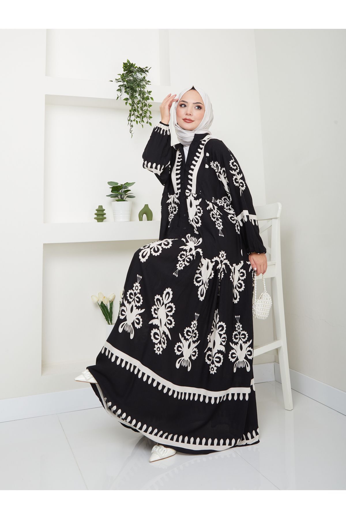 Kadın Etnik Desenli Elbise Siyah - S/M