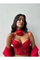 Destekli Simli Kırmızı Bustiyer Takım Kırmızı - 75B