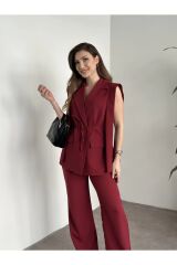 Kadın İp Bağlamalı Yelekli Takım Bordo - M