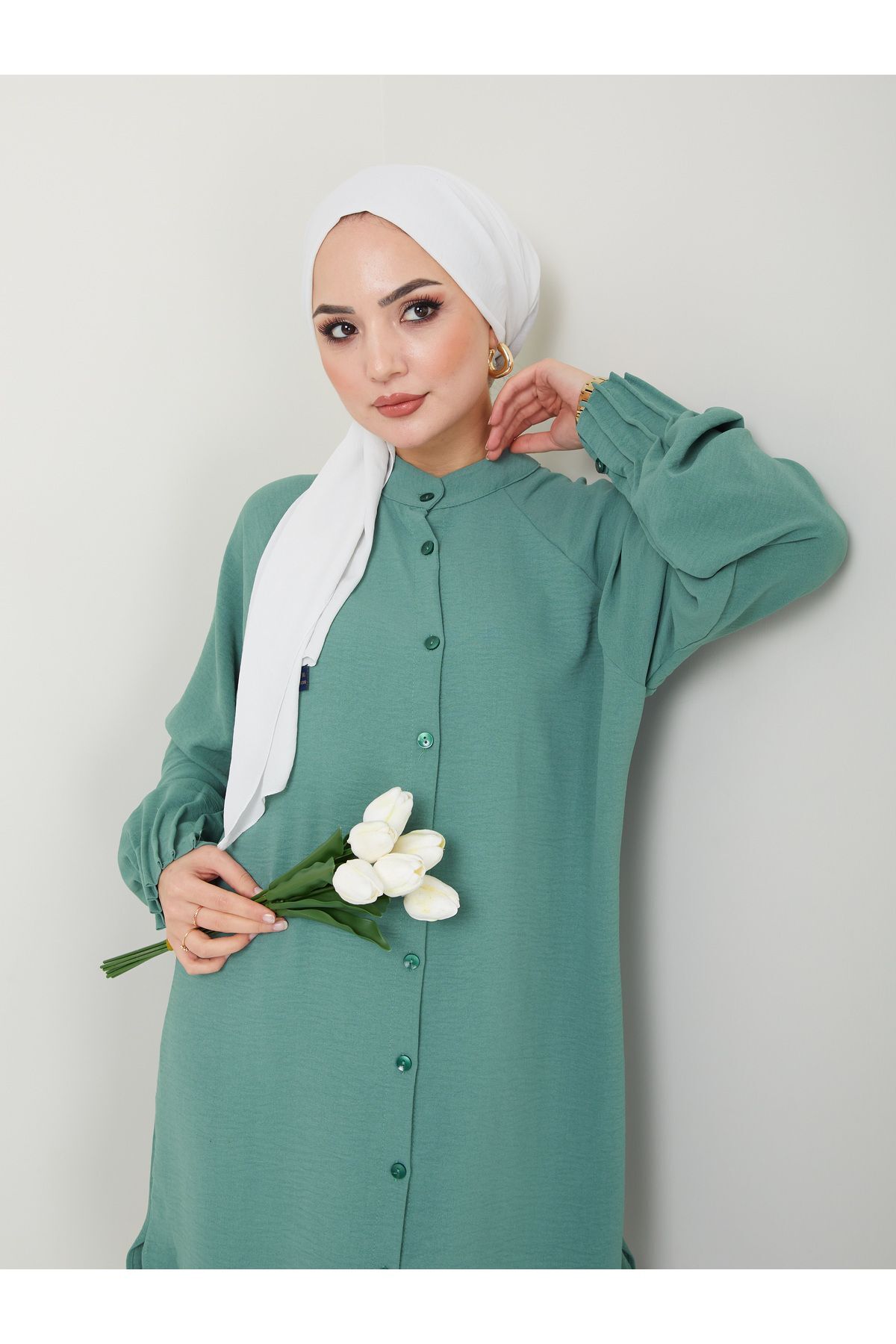 Kadın Ayrobin Nervürlü Maxi Boy Tunik Yeşil - L/XL