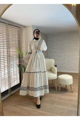 Kadın Gömlek Yaka Nakışlı Keten Elbise Krem - L/XL