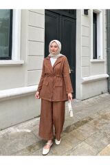 Kadın Bel Büzgülü Keten Ceket Pantolon Takım Kahverengi - XL
