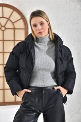 Kadın Siyah Kapüşonlu Şişme Mont Siyah - 38