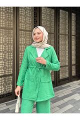 Kadın Bel Büzgülü Keten Ceket Pantolon Takım Yeşil - 2XL