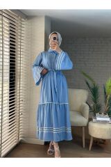 Kadın Gömlek Yaka Nakışlı Keten Elbise Mavi - L/XL