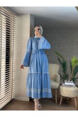 Kadın Gömlek Yaka Nakışlı Keten Elbise Mavi - L/XL