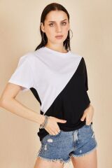 Kadın Siyah Beyaz Asimetrik Bloklu T-shirt