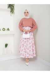KOPYA - Kadın Çiçekli Etekli Tesettür Takım PUDRA - XL