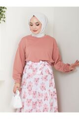 KOPYA - Kadın Çiçekli Etekli Tesettür Takım PUDRA - XL