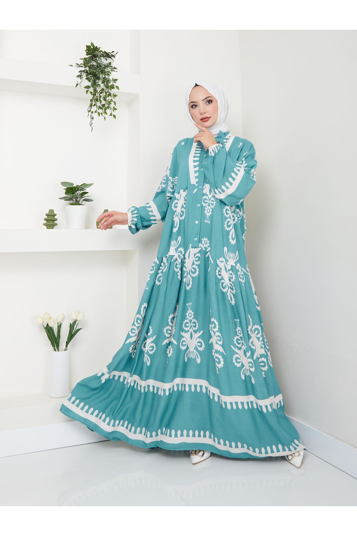 Kadın Etnik Desenli Elbise Yeşil - S/M