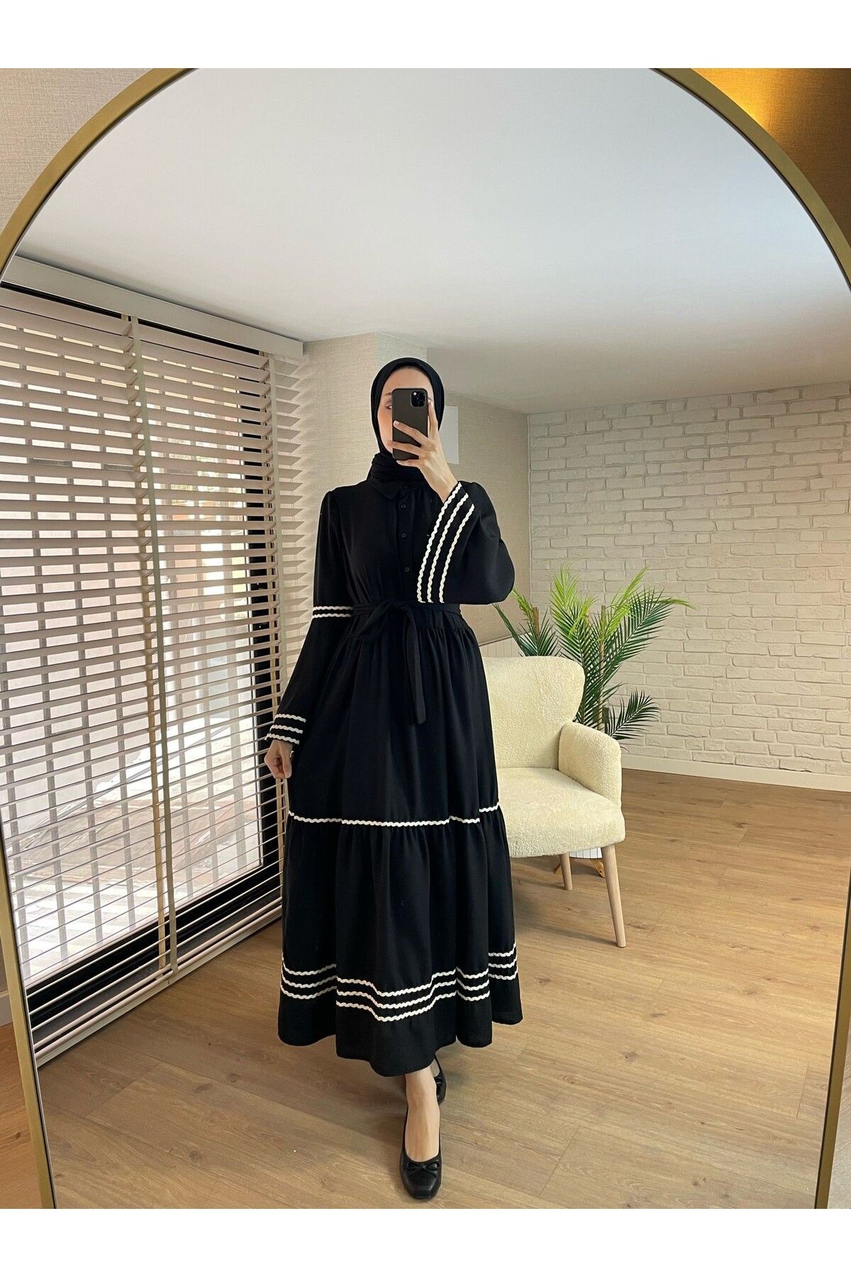 Kadın Gömlek Yaka Nakışlı Keten Elbise Siyah - L/XL