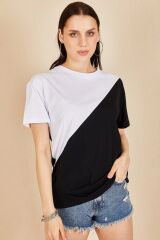 Kadın Siyah Beyaz Asimetrik Bloklu T-shirt Siyah - M