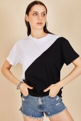 Kadın Siyah Beyaz Asimetrik Bloklu T-shirt Siyah - L