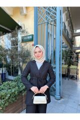 Kadın Bel Büzgülü Keten Ceket Pantolon Takım Siyah - 2XL