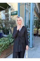 Kadın Bel Büzgülü Keten Ceket Pantolon Takım Siyah - 2XL