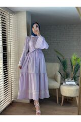 Kadın Gömlek Yaka Nakışlı Keten Elbise Lila - S