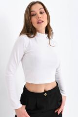 Kadın Yarım Balıkçı Yaka Kolu Düğmeli Crop Bluz Beyaz - M