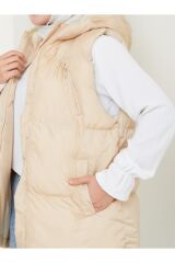 Kadın 3 Cep Kapüşonlu Fermuarlı Dolumlu Yelek Bej - XL