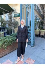 Kadın Bel Büzgülü Keten Ceket Pantolon Takım Siyah - M