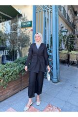 Kadın Bel Büzgülü Keten Ceket Pantolon Takım Siyah - M
