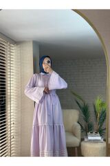 Kadın Gömlek Yaka Nakışlı Keten Elbise Lila - L/XL
