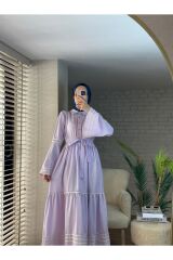 Kadın Gömlek Yaka Nakışlı Keten Elbise Lila - L/XL